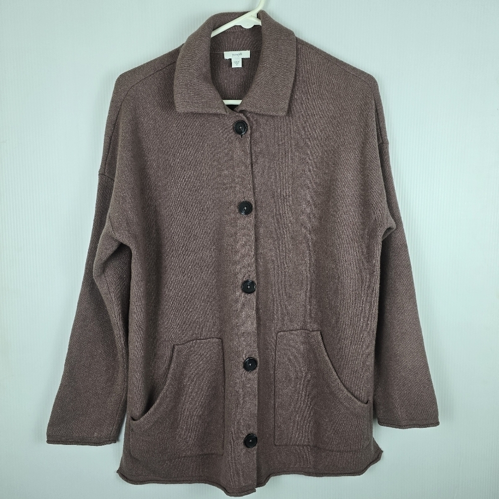 Pure Jill Women's Dusty Rose Button Up Collared Cardigan Oversized Pockets SizeS